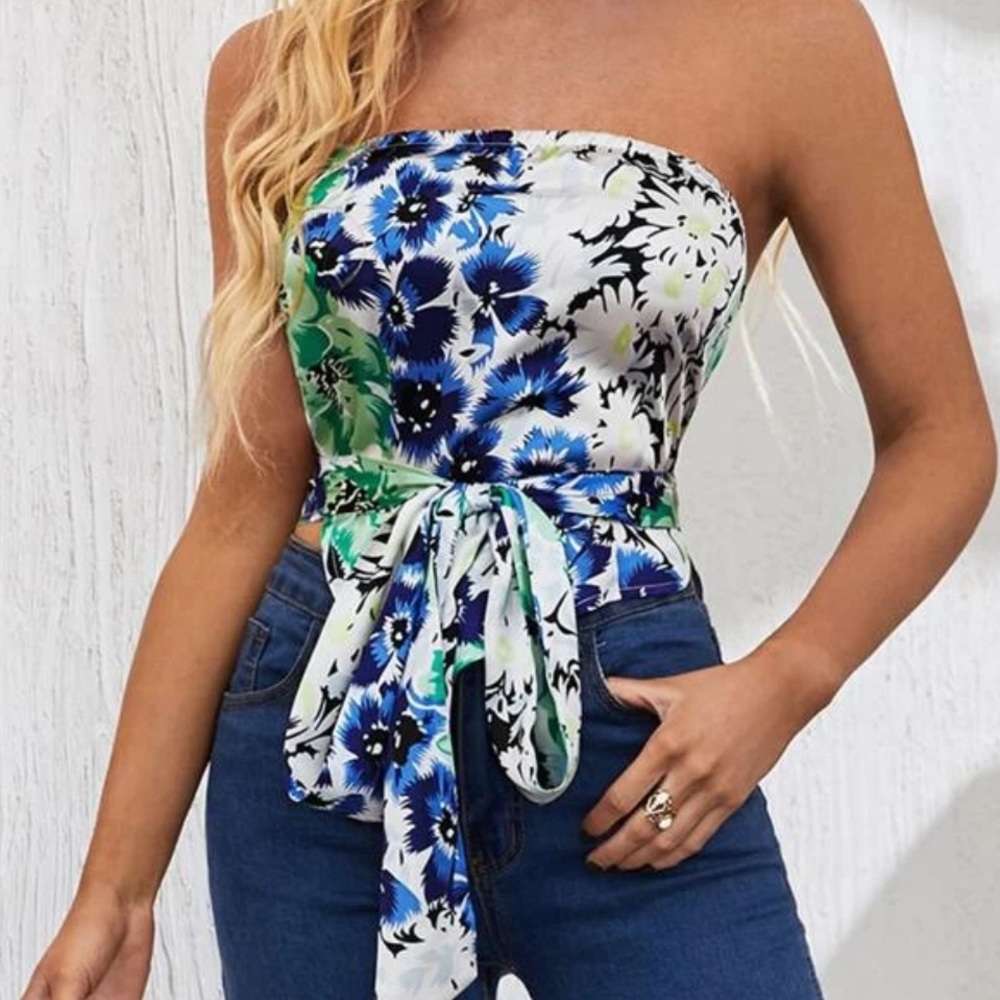Cross tie front floral top